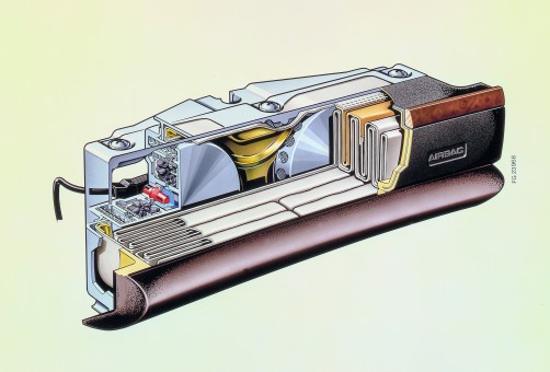 Schnittzeichnung des Beifahrer-Airbag-Moduls der Mercedes-Benz S-Klasse (W 126). Wesentliche Komponenten in der Darstellung sind der zusammengefaltete Luftsack sowie die beiden Gasgeneratoren mit ihrer Füllung aus Festtreibstoffpellets.  Foto: Auto-Medienportal.Net/Daimler