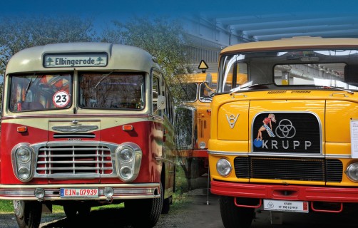 Ost trifft West: ein Ikarus-Bus und ein Krupp-Lkw.  Foto: Auto-Medienportal.Net/Kulturstiftung Kornhaus/Frank von Grotthuss