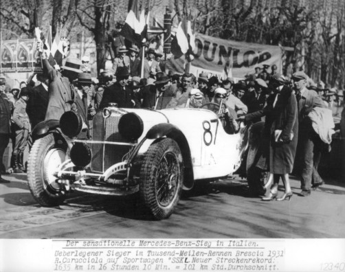 Mille Miglia 1931: Der spätere Sieger Rudolf Caracciola auf Mercedes-Benz SSK beim Start, 12. April 1931.  Foto: Auto-Medienportal.Net/Daimler