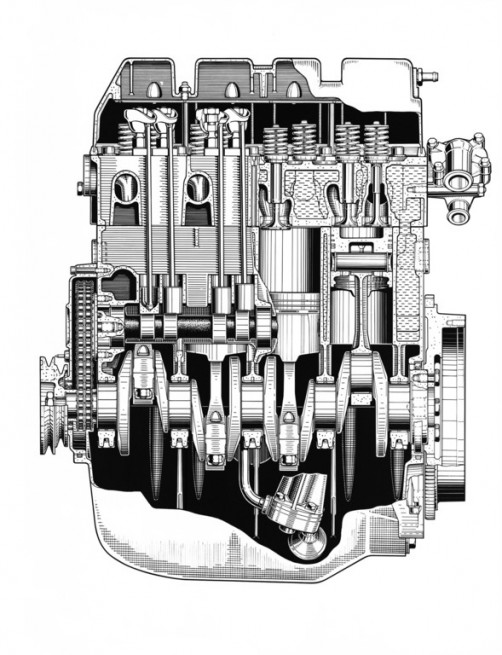 Mitteldruckmotor des ersten Audi (1965). Die Konstruktion geht auf die Mercedes-Benz-Entwicklung M 118 zurück  Foto: Auto-Medienportal.Net/Daimler